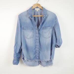 Cloth & Stone Small Button Up Top Chambray Tencel Lyocell Blue Roll Tab Relaxed
